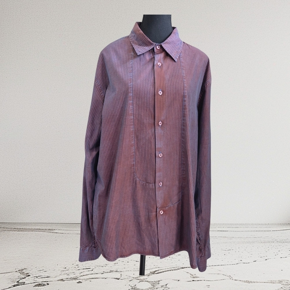 Guess Men's Burgundy Striped Button Down Shirt With Raw Hem Size XXL